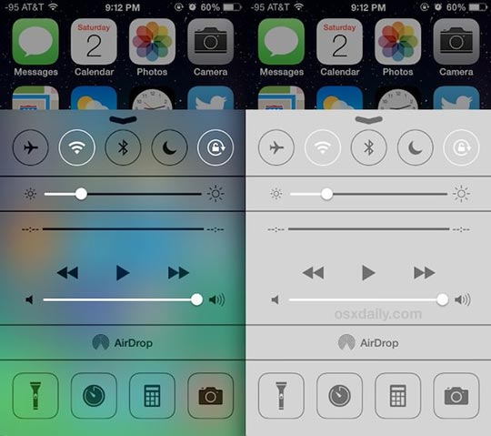 Control Center before and after Enhanced Contrast
