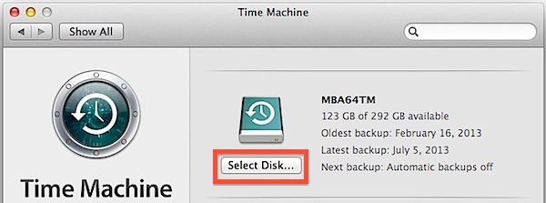 Select the new Time machine disk 