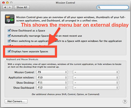 Show the menu bar on external displays in Mac OS X
