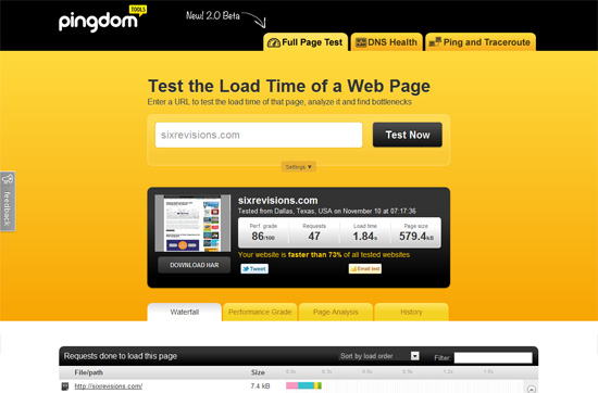 Website speed testing tool: Pingdom Tools