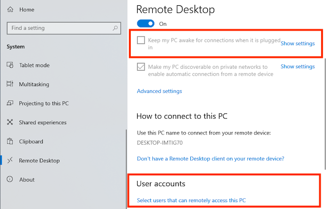 remote desktop settings keep awake