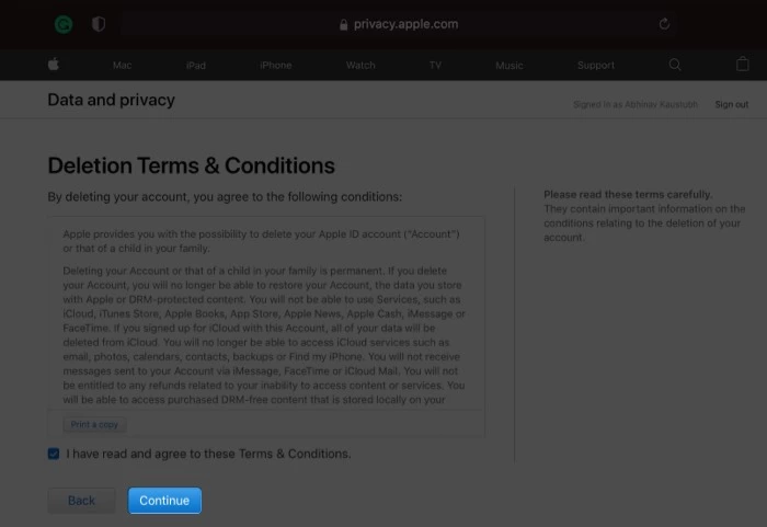 Agree to the conditions to delete Apple ID account