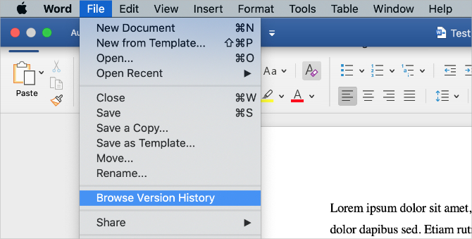 Browse Version History option from Word menu bar