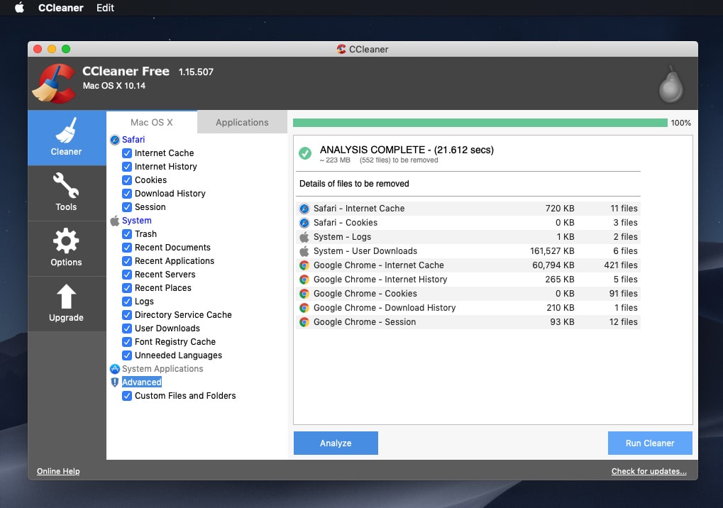 CCleaner in macOS Mojave