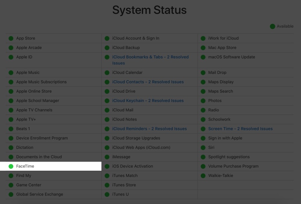 Check FaceTime Server Status on Apple's Website