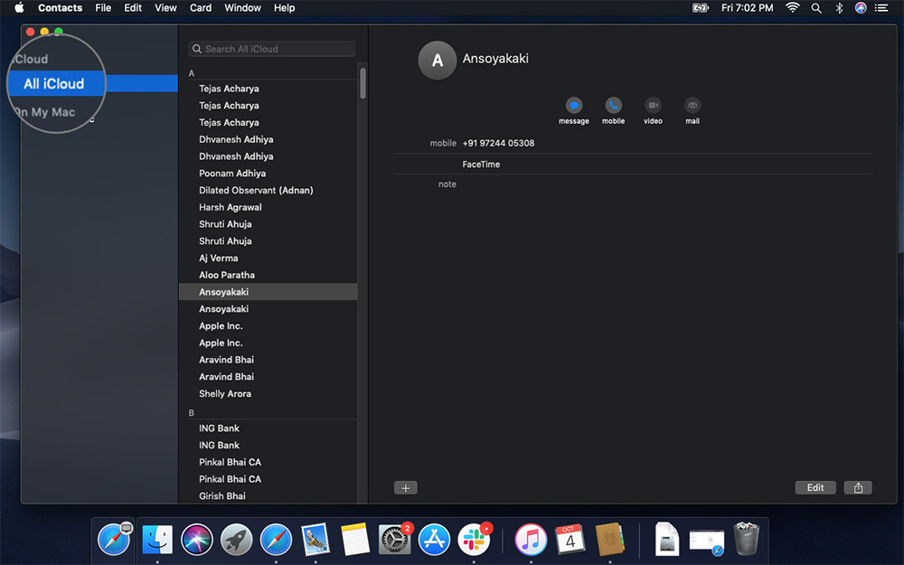 Choose All iCloud Option in Contacts App on Mac