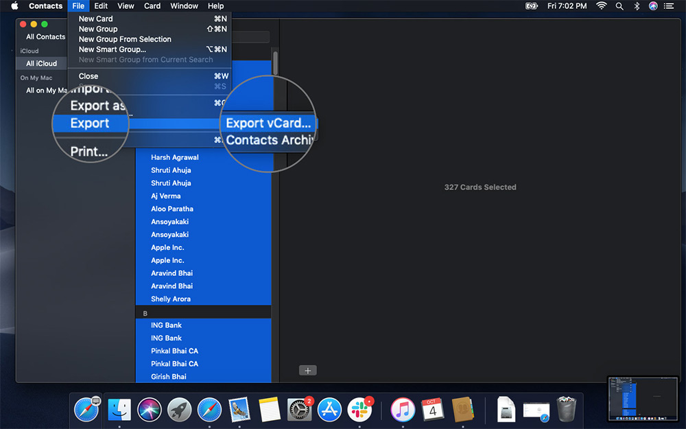 Choose Export vCard Option from Exports in Contacts App's File Menu