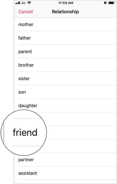 Choose Relationship with Person Add as Emergency SOS Contact in iPhone