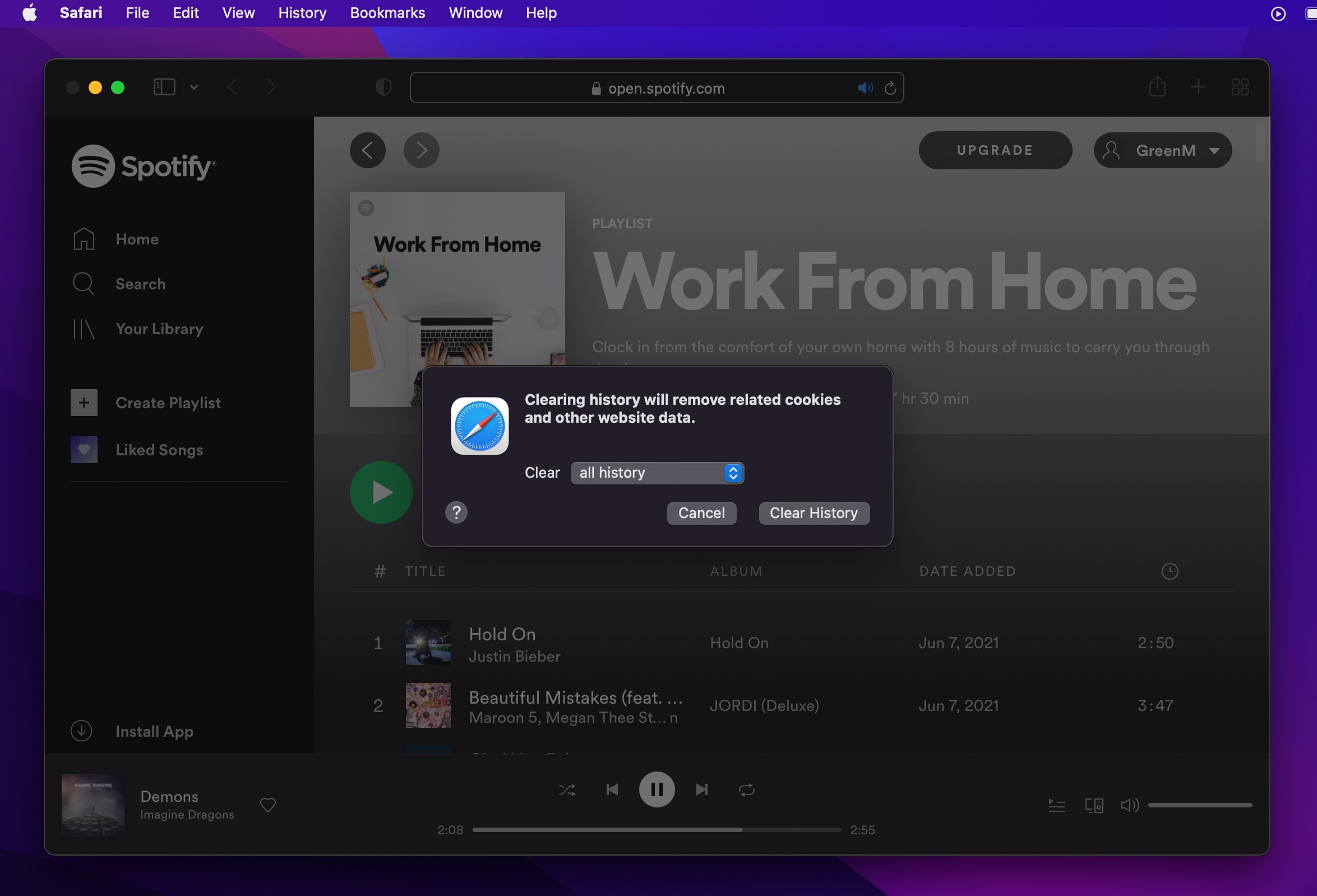 Clear Safari Cache and History for Spotify Web Player
