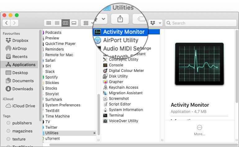 Click Activity Monitor App in macOS Catalina Finder on Mac