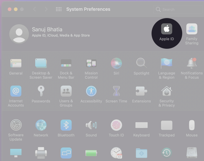 Click Apple ID in Mac System Preferences