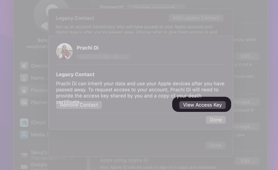 Click on Access Key to add a Legacy Contact on your Mac