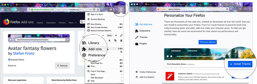 Click on Add-Ons Under Firefox Menu and Install Theme