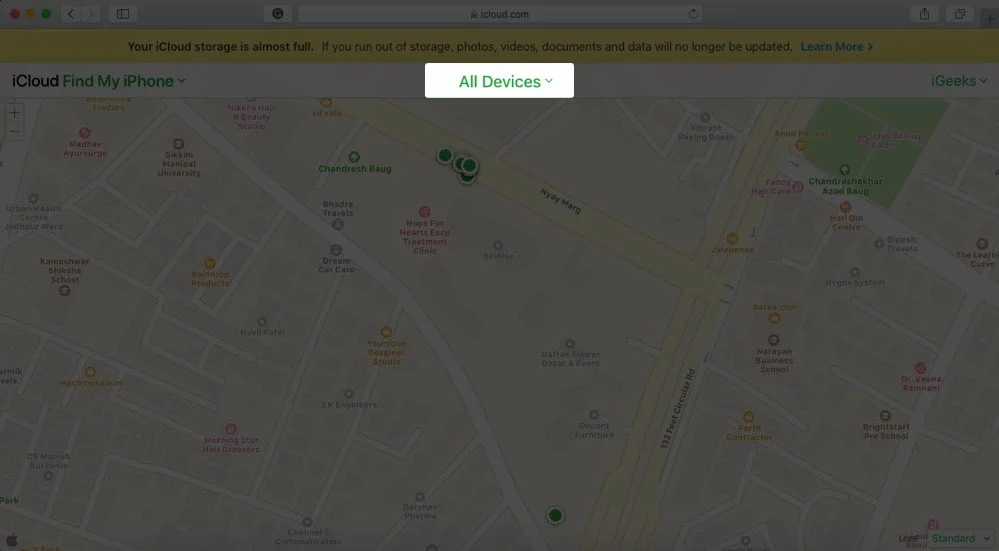 Click on All Devices in Find My iPhone in iCloud.com