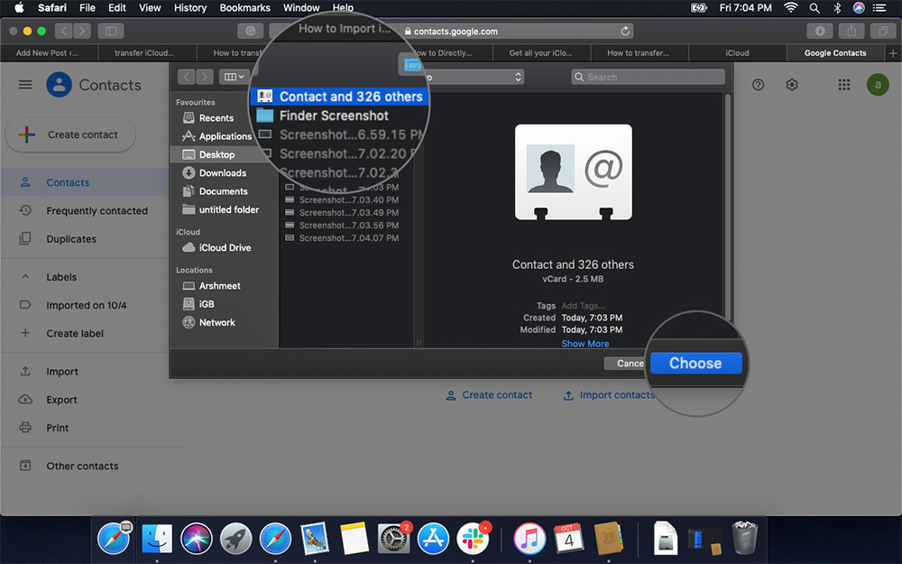 Click on Choose to Select File and Transfer iCloud Contacts to Google in Safari on Mac