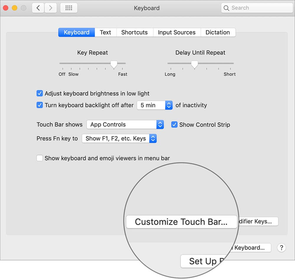 Click on Customize Touch bar in Mac Keyboard Preferences