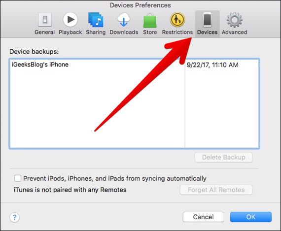 Click on Devices Tab in iTunes Preferences