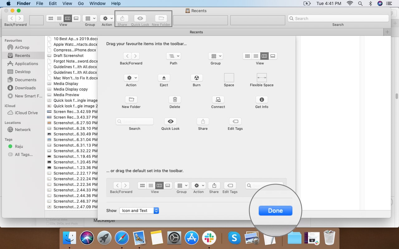 Click on Done to Save Options in Finder Toolbar on Mac