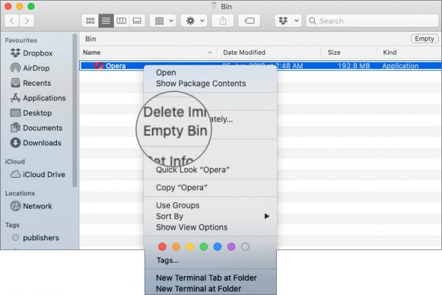 Click on Empty Bin to Remove Application from Mac