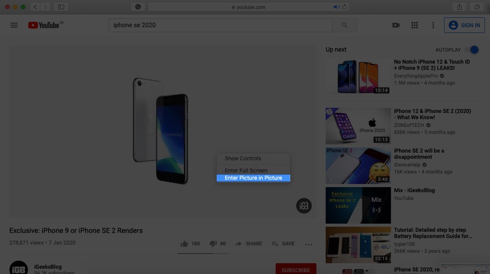 Click on Enter Picture in Picture to Enable PIP Mode in YouTube