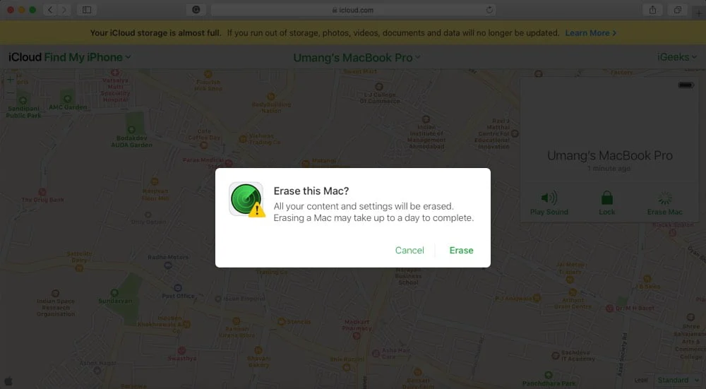 Click on Erase to Wipe Mac Remotely with iCloud