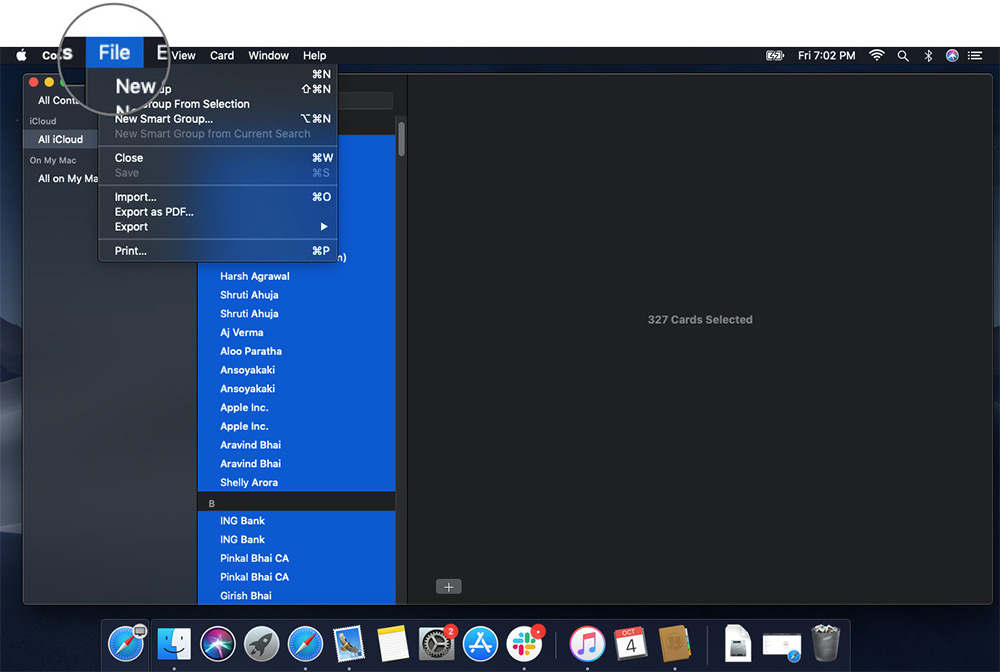 Click on Files in macOS Contacts App Menu