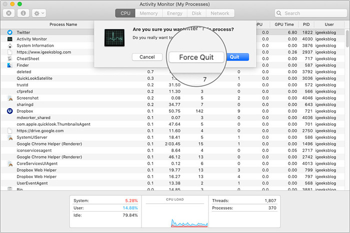 Click on Force Quit to Apps from macOS Catalina on Mac