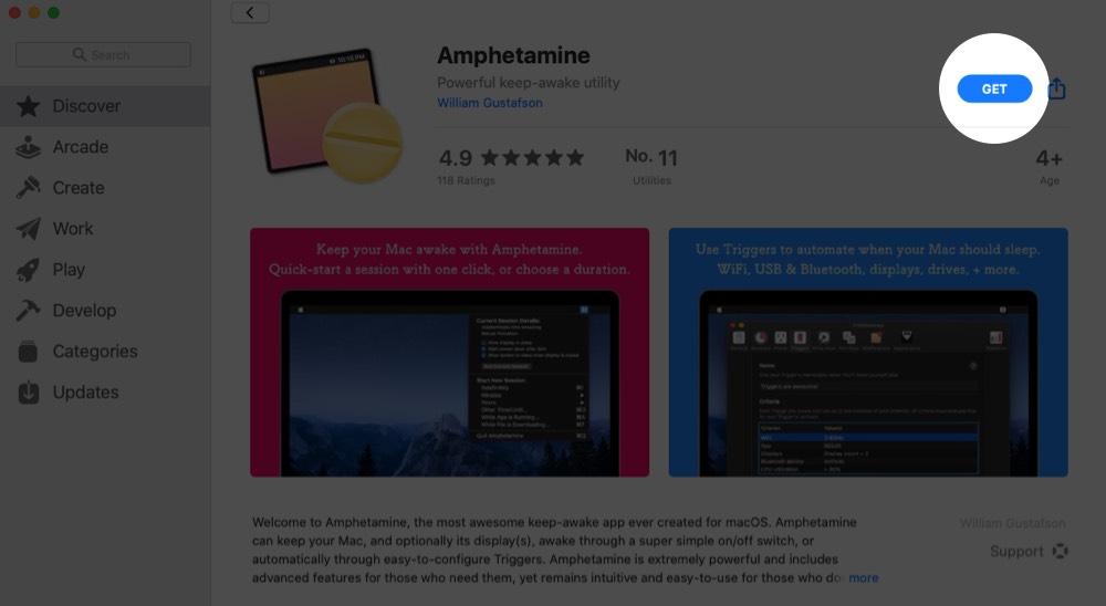 Click on Get to Download Amphetamine from Mac App Store