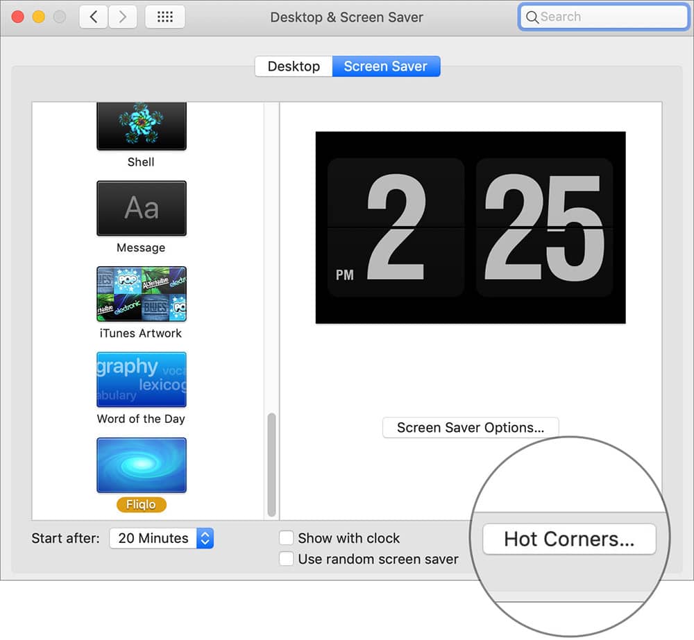 Click on Hot Corner button in Mac Desktop & Screen Saver Preferences