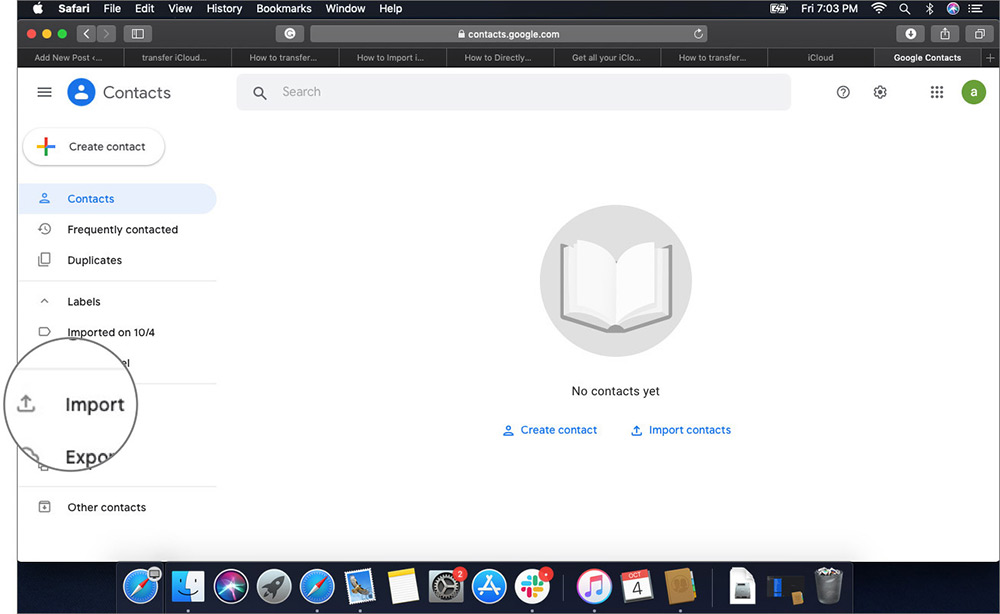 Click on Import in Google's Contact Menu on Mac