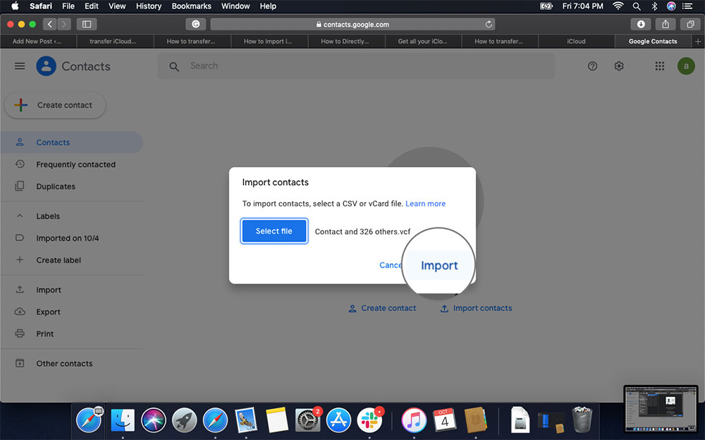 Click on Import to Transfer Contacts from iCloud to Google in Safari on Mac