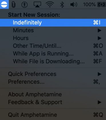 Click on Indefinitely in Amphetamine App Menu on Mac