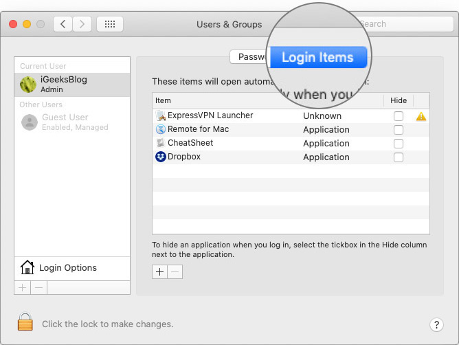 Click on Login Items in User Account on Mac Running with macOS Catalina