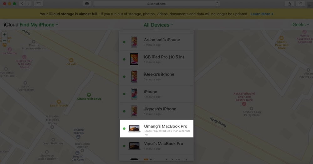 Click on Mac You Requested to Erase from iCloud
