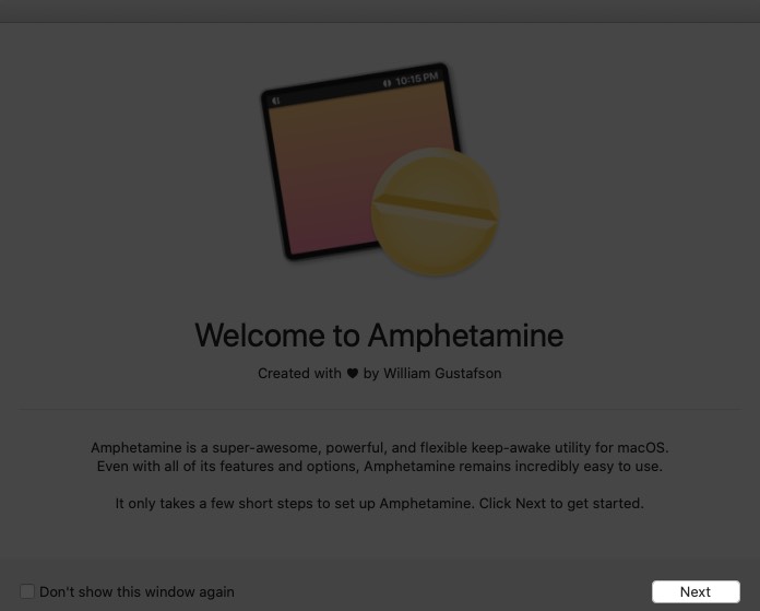 Click on Next to Install Amphetamine App on Mac