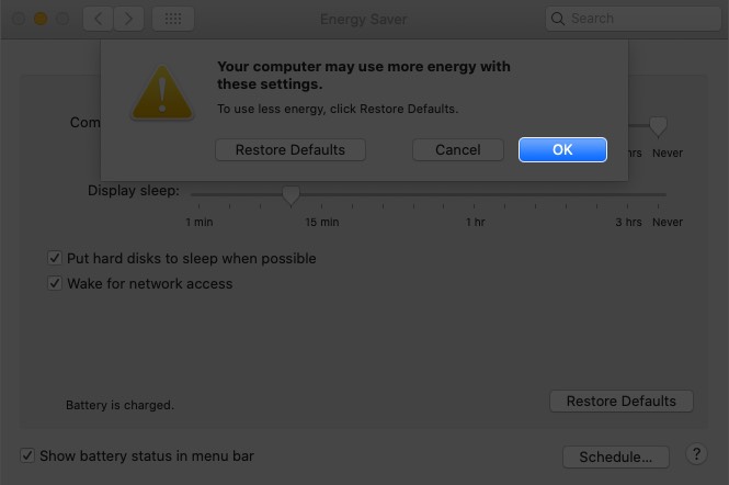 Click on OK and Confirm to Stop Mac From Sleeping