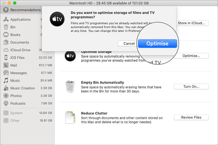 Click on Optimise to Cleaning Up Mac's Drive