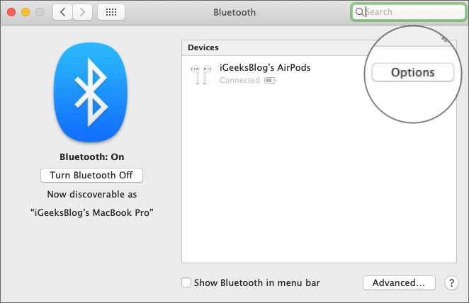 Click on Options next to Pair Airpods on Mac