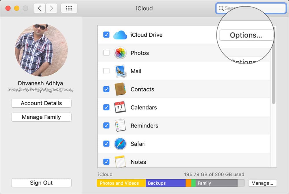 Click on Options next to iCloud drive on Mac