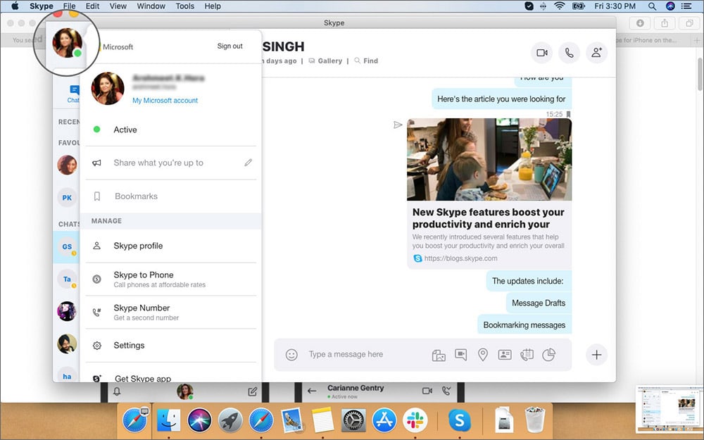 Click on Profile and Select Bookmark in Skype App on Mac