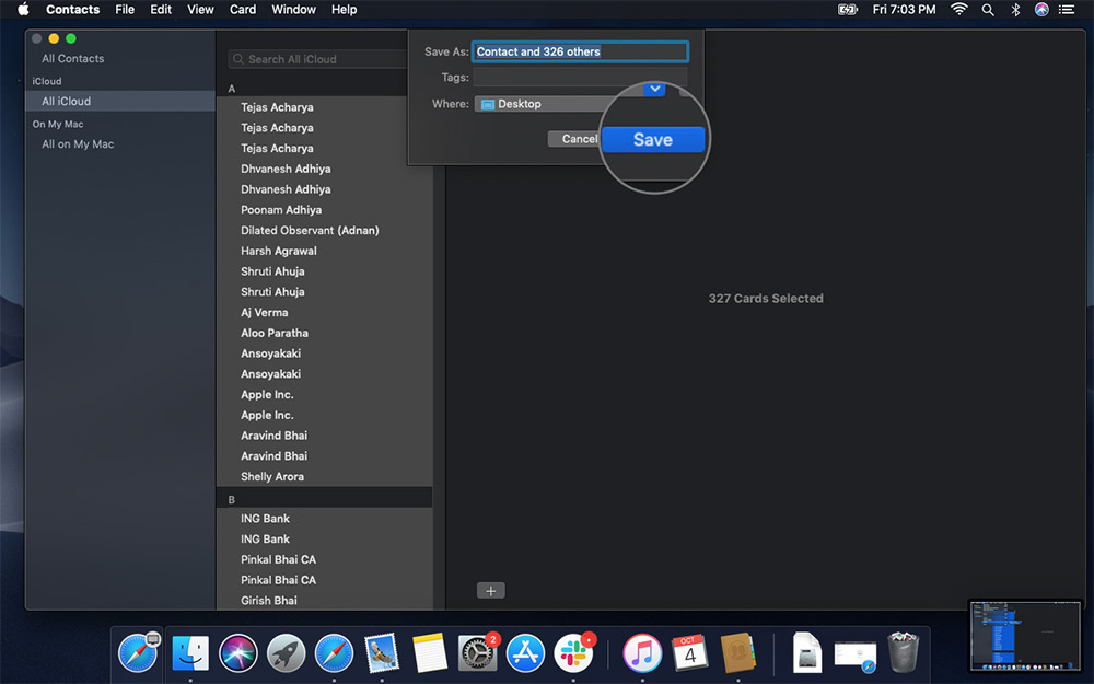 Click on Save to Export All iCloud Contacts in Preferred Location on Mac