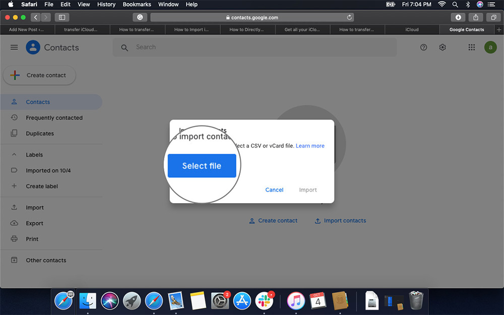 Click on Select File to Import iCloud Contacts to Google in Safari on Mac