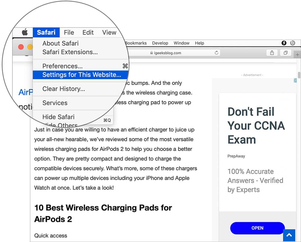 Click on Settings for This Websites in Mac Safari Manu