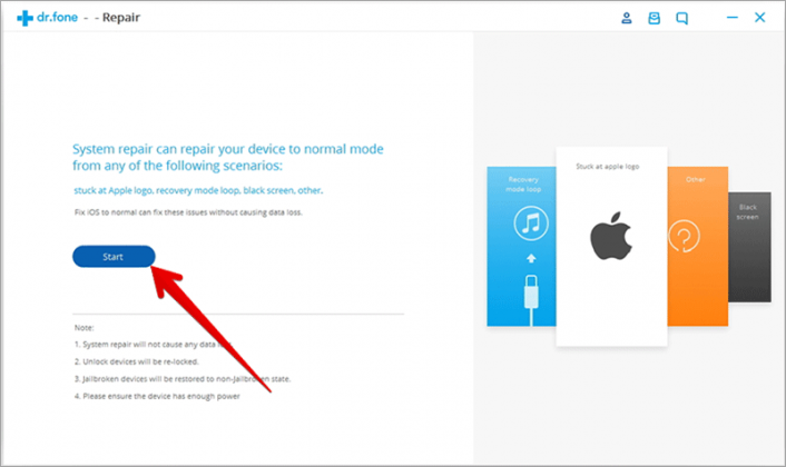 Click on Start in Dr.Fone Software