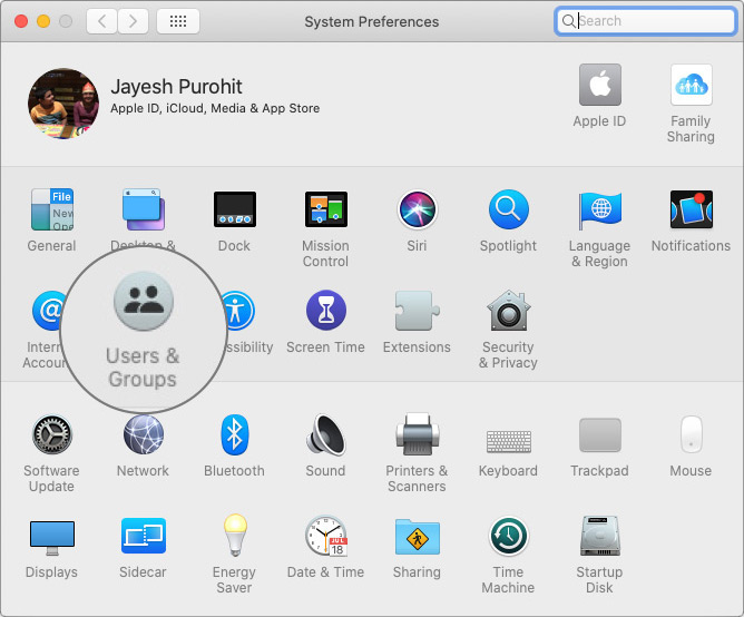 Click on User & Groups in macOS Catalina System Preferences on Mac