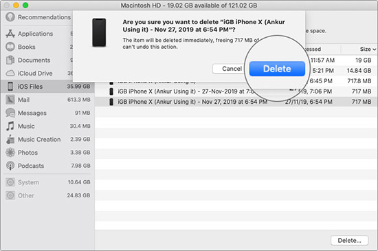 Confirm Action By Clicking on Delete to Remove Device Backup in Mac Storage