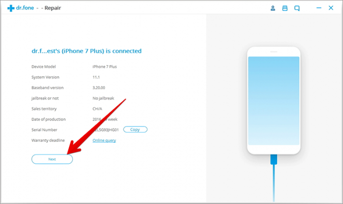 Connect iPhone and Click on Next in dr.fone Software