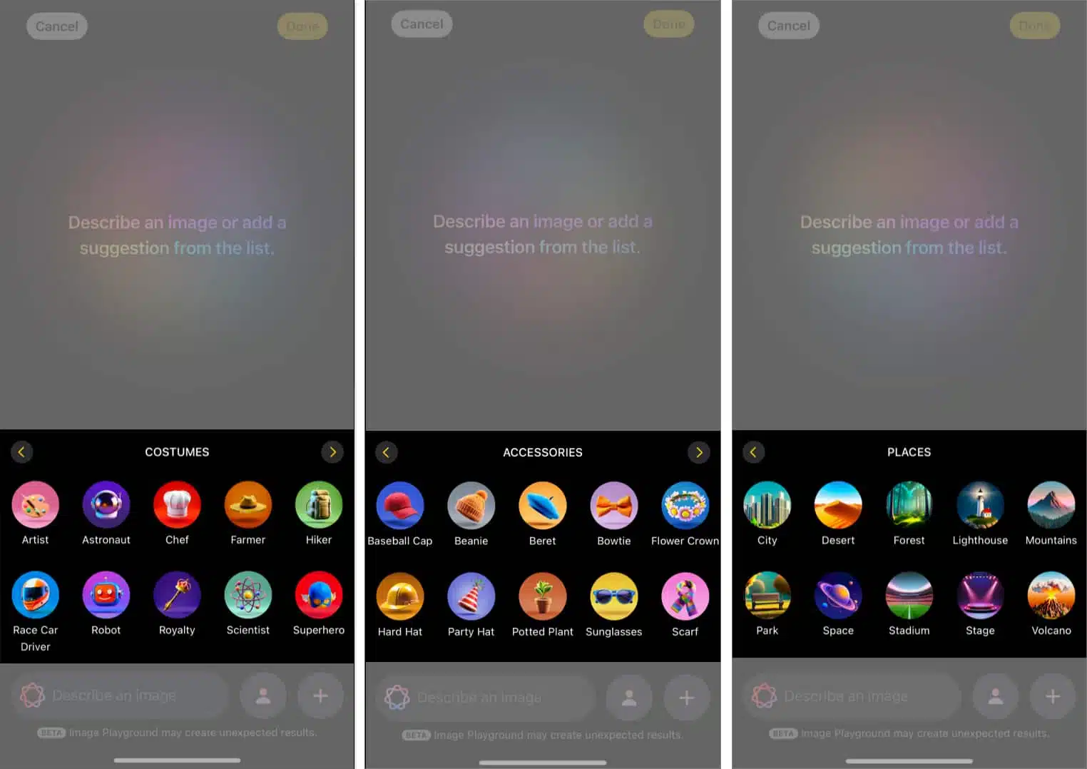 How to use apple image playground to create ai art on iphone Costume accessories and places suggestions in apple's Image Playground app on an iPhone.