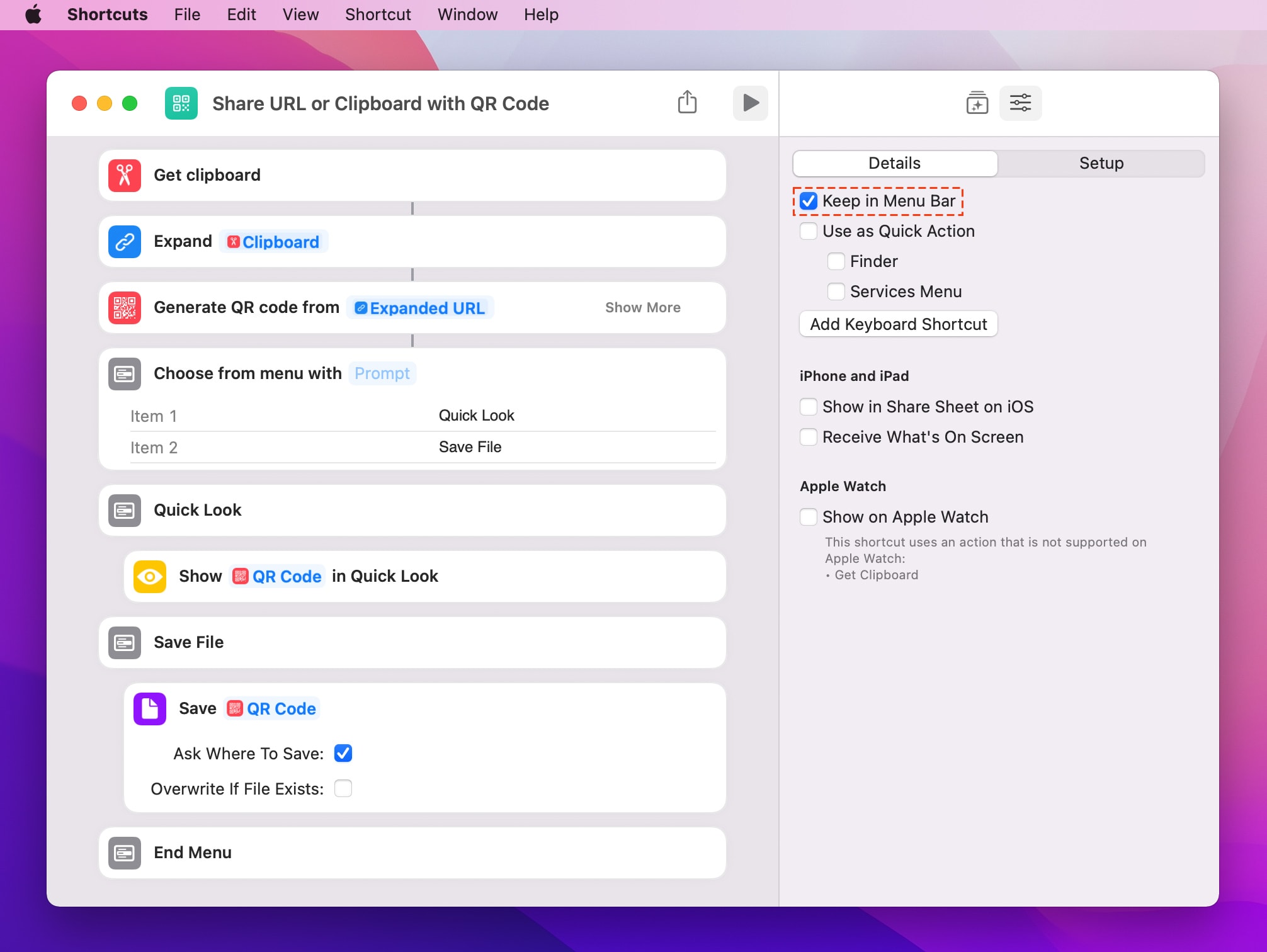 Create QR Code to Share URL or Clipboard on Shortcuts App on Mac