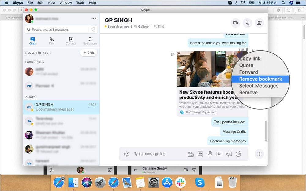 Delete Bookmark Message in Skype App on Mac